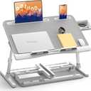Laptop Stand for Bed, Potuopy Leather Adjustable Bed Desk Table Tray, X-Large Folding Lap Desk with Drawer for Eating Writing Drawing Working on Couch Floor, Grey