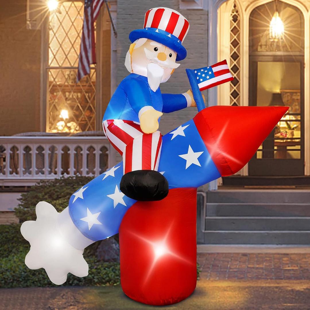 ATDAWN 5.6 FT Patriotic Independence Day 4th of July Inflatable Uncle Sam on Rocket, LED Blow Up Lighted Holiday Party Decorations for Indoor Outdoor Home Celebration Garden Yard Photo Prop