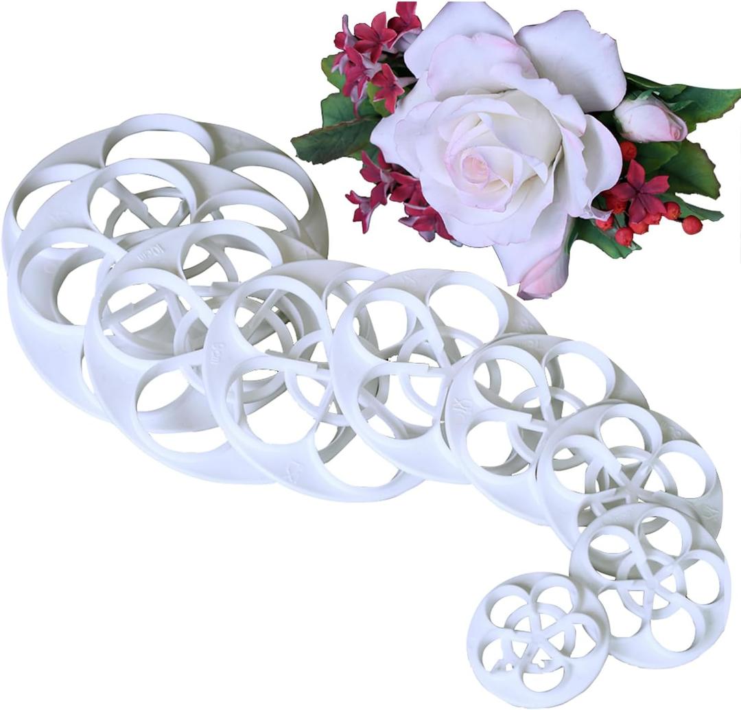 KALAIEN 11pcs set Rose Flower Cutters Set Sugar Paste Baking Mould Cookie Pastry Plunger Cutter Kitchen Tool (White)