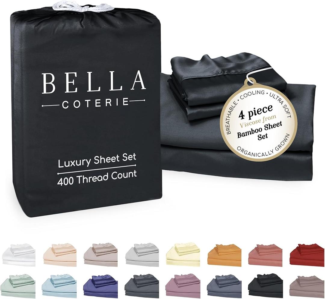Bella Coterie Luxury Bamboo Viscose King Size Sheet Set | 100% Organically Grown | Ultra Soft | Cooling for Hot Sleepers | 18" Deep Pocket [Black] (King - 2 Pillowcases)