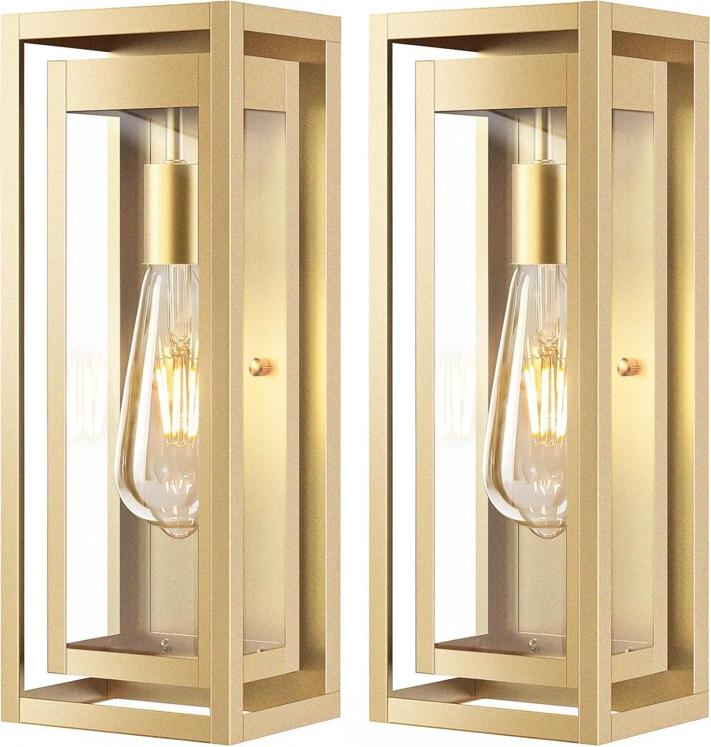 15" Large Gold Outdoor Light Fixture Wall Mount, 2 Pack Waterproof Outdoor Sconces, Modern Wall Lights with Clear Glass Shade for Front Door, Porch, Garage