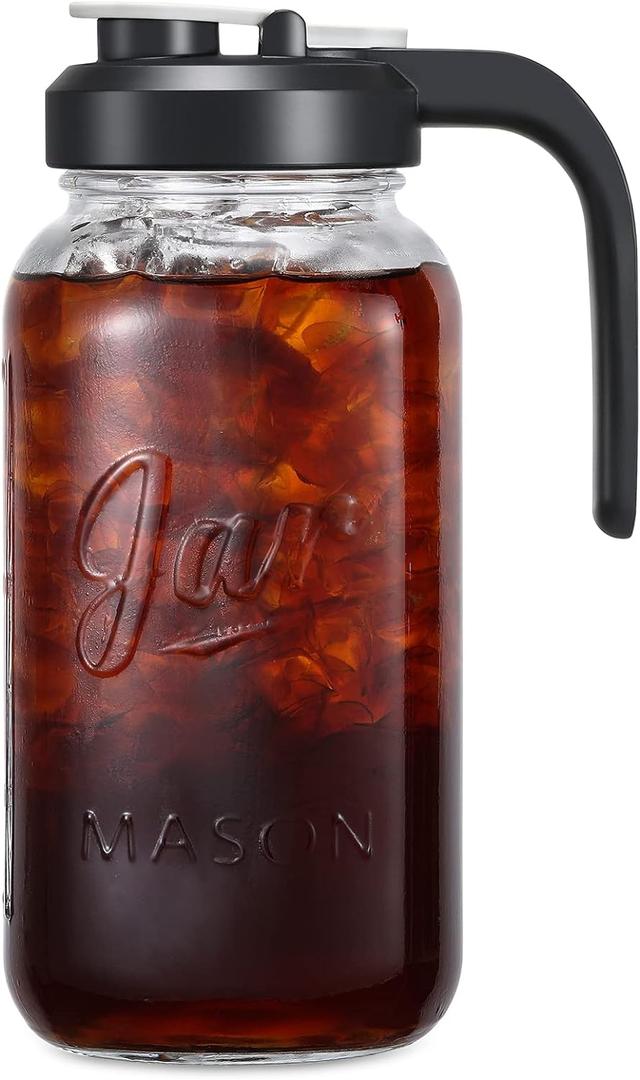 2 Quart Glass Pitcher with Lid - Airtight & Leakproof Mason Jar Pitcher with Filter Lid, Wide Mouth Glass Jar, Heavy Duty Glass Container for Water, Juice, Milk, Tea, Iced Coffee, and Drinks
