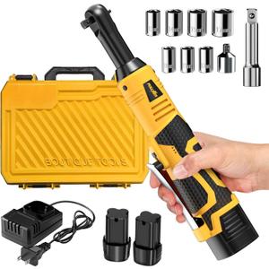 FULLYEA Cordless Electric Ratchet Wrench Set, 550RPM, 45Ft-lbs, 16.8V Extended cordless ratchet wrench 3/8, Power Ratchet with Variable Speed, 1/4" Adapter, 2 * 2.0Ah Battery and Fast Charger(Yellow)