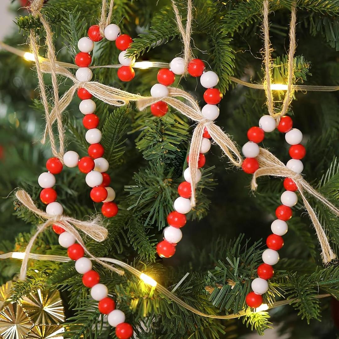 Jetec 12 Pcs Christmas Beaded Candy Cane Ornament 5 Inch Wooden Bead Farmhouse Tree Ornament Rustic Wood Candy Canes Xmas Hanging Decoration for Holiday Tiered Tray Home Decor Holiday Gift Toppers