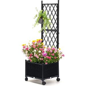 lalahoni Planter with Trellis, 4ft Tall Trellis Planter Box with Lockable Wheels for Outdoor Plants Tomato Flower Vegetable Herb Vine, Resin Self-Watering Raised Bed with Trellis & Drainage Hole, 1PC (15.7"x15.7"x51.1")