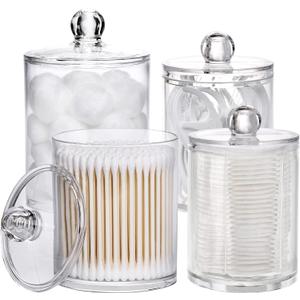 Tbestmax 12 oz, 10 oz Qtip Holder, 4 Pcs Clear Restroom Bathroom Organizers and Storage Containers for Cotton Ball, Cotton Swab, Cotton Round Pads, Floss, Plastic Apothecary Jars Set with Lids
