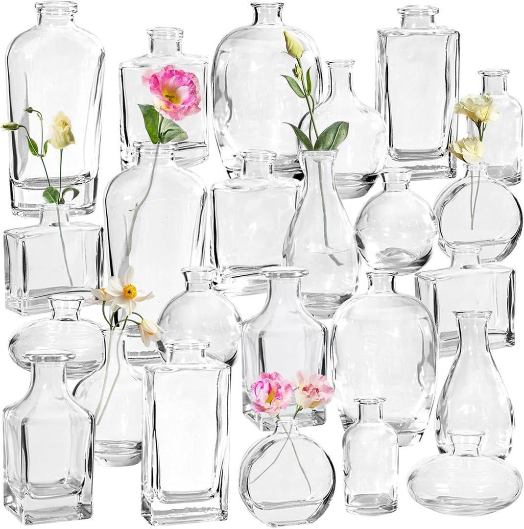 Glass Bud Vases Set of 24 - Assorted Styles, Perfect for Centerpieces, Weddings, and Home Decor - Durable Vintage Mini Vases for Floral Arrangements (Clear)