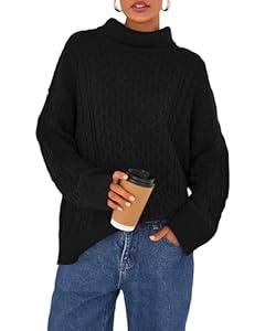 BTFBM Casual Women Fall Sweaters 2025 Long Sleeve Turtleneck Ribbed Knit Pullover Loose Cable Knit Sweater(Black, Medium)