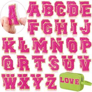 WILLBOND 52 Pcs Chenille Letter Patches A-Z, Self Adhesive Alphabet Patches for Clothes, Bags, Hats DIY, Name Craft & Personalized Best Mom Groovy Wedding Gifts(Rose Red,2.2 Inch)