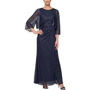 S.L. Fashions Womens Plus Size Long Sleeveless Gown with Bolero Cascade Jacket, Mother of The Bride Dress (Navy) 16W