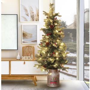 LuxenHome 4FT Small Christmas Tree, Prelit Slim Potted Artificial Christmas Trees with 100 Warm White LED Lights, Realistic Faux Pine Tree with Rustic Metal Pot for Indoor, Outdoor Holiday Decor