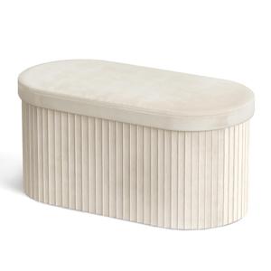 GLAXYFUR Folding Ottoman with Storage, Oval Velvet Storage Bench, Beige | Upholstered Foot Rest, 30 x 15 x 15 Inches Storage Chest for Bedroom, Living Room & Entryway