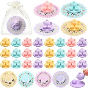 24 Sets Small Tea Party Favors Mini Teapots Teacups Set Miniature Tea Cups Gift Resin Figures with Cards 4 Colors for Kids Carnival Prizes Birthday Party Supply