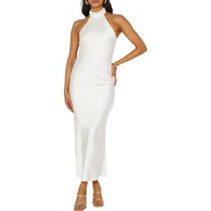 Phicia Sexy Satin Halter Neck Backless Maxi Dress for Women Elegant Tie Cowl Back Formal Wedding Guest Dress for Summer (Medium, White)