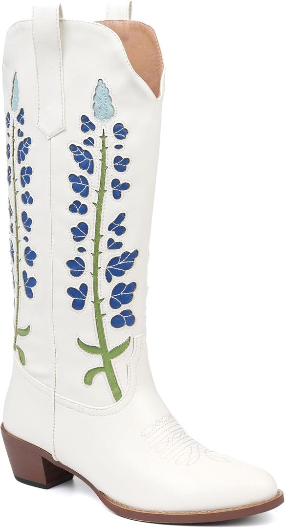 Cowboy Boots For Women, Cute Bluebonnet Floral Embroidered Fashion Country Boots Pointed Toe Chunky Heel Wide Calf Fancy White Cowboy Boots, Cowgirl Boots, 6
