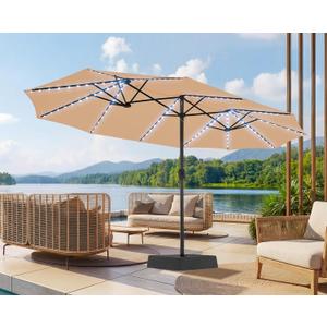 SUPERJARE 15ft Large Patio Umbrella with Base included, Double Sided Outdoor Umbrella with Solar Lights, Pool Umbrella with Fade Resistant Canopy for Deck, Porch, Yard, Balcony, Beige