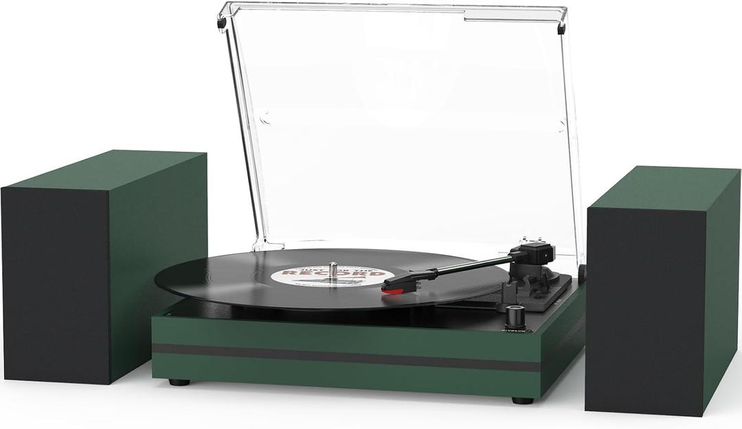 Record Player for Vinyl with External Speakers Belt-Drive Turntables for Vinyls Records Dual Stereo Speakers LP 3 Speed BT Wireless AUX-in Headphone Auto Stop New Sleek Stylish Dark Matte Green