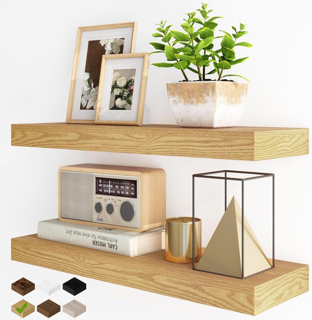 Fun Memories Floating Shelves for Wall, 24Inch Floating Shelves Set of 2, Hanging Shelf with Invisible Brackets, Wood Shelves for Living Room, Bedroom, Kitchen, Oak