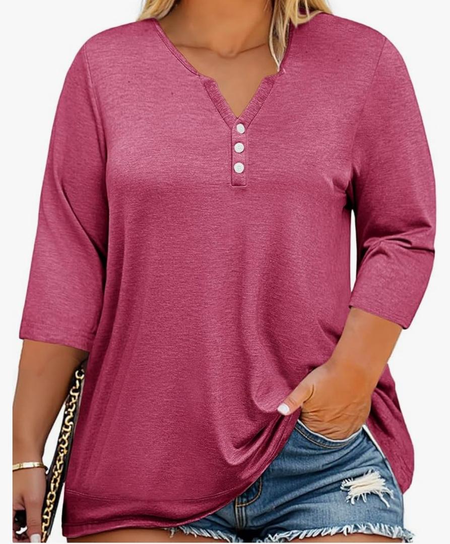 DOLNINE Womens-Plus-Size-Tops Trendy Henley Button Shirts Casual V Neck Long Sleeve Tunic Sweatshirts 2XL