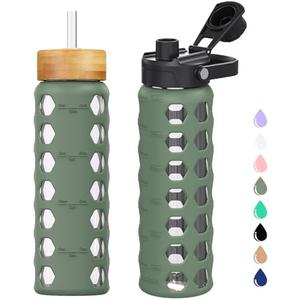 MUKOKO Glass Water Bottles, 24oz Glass Tumbler with Straw, Drinking Bottles with-Handle Spout Lid & Bamboo Straw Lid, Motivational Water Bottle with Time Marker and Silicone Sleeve, Pack of 1, Olive