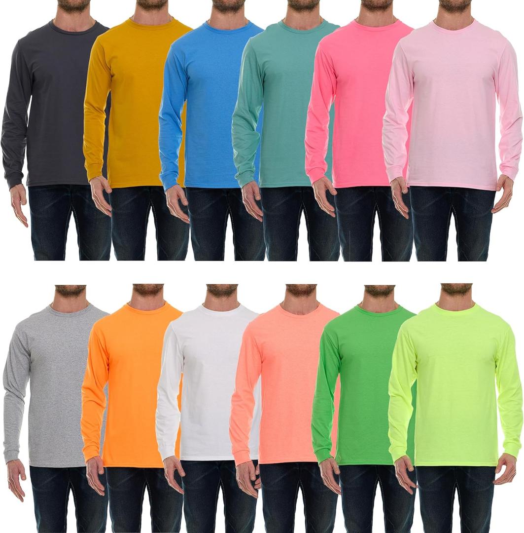 BILLIONHATS Mens Long Sleeve Colorful T-Shirts, 100% Cotton - Crew Neck Bulk Tees for Men, Wholesale Sleeved Tshirt Packs (Small)