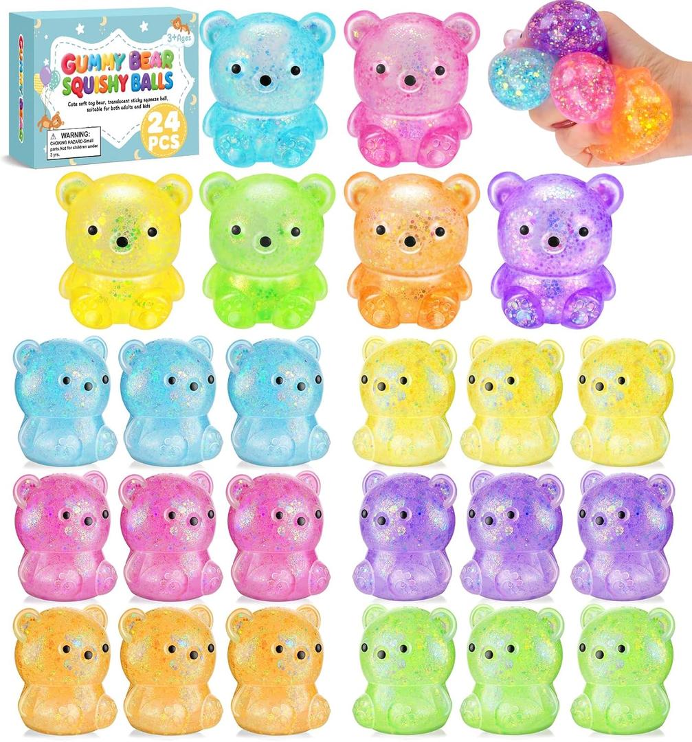 24 Pack Bear Stress Squishy BallFidget Taba Squishy Toys for Kids Sugar Filled Gummy Stress Cube, Bear Toys Squeeze Balls for Party Favors, Classroom Prizes ,Goodie Bags Stuffer