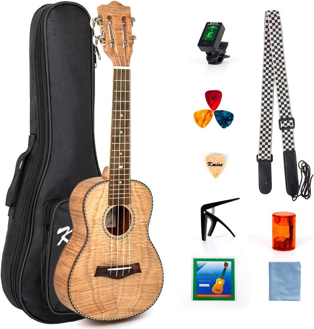 Kmise 23 Inch Concert Ukulele, Classical Headstock Hard Lightweight Okoume Ukelele, Tiger Flame Ukulele for Adult Beginners, Kids with Uke Gig Bag, Tuner, Strap, Replacement Strings, Capo Picks, etc