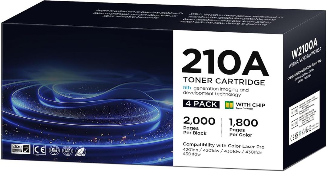 210A 210X Toner Cartridges 4 Pack High Yield Compatible for HP 210A Toner Cartridges Work for HP Color Laserjet MFP 4301fdw 4301fdn Pro 4201dw 4201dn Series Printer W2100A W2100X (with Chip)