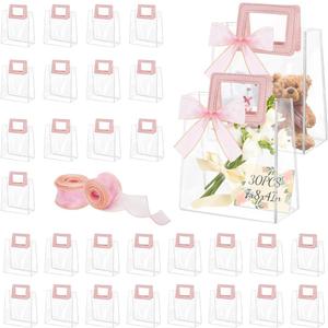 30Pcs Clear Gift Bags with Handles, Transparent PVC Gift Bag with Ribbon, Reusable Plastic Shopping Bags, Heavy Duty Gift Wrap Bags for Bridal Party Baby Shower Wedding Birthday (7x8x4In-Medium)