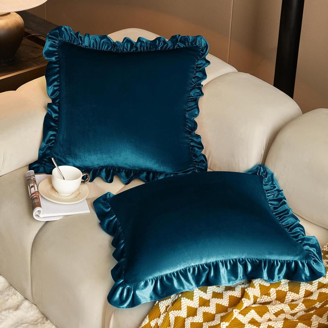 KKJIAF Teal Velvet Throw Pillow Covers 18 x 18 Inch Set of 2, Ruffle Euro Pillow Shams Velvet Square Pillow Case for Sofa Bedroom Couch Decorative