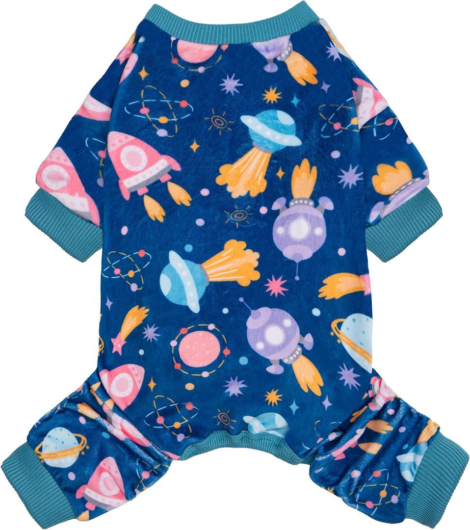 cyeollo Dog Pajamas, Soft Velvet Dog Pjs for Small Dogs, Cozy Pet Sleepwear Stretchy Puppy Onesie, Cute Pattern Doggy Jumpsuit, Comfy Dogs Clothes, Lightweight Doggie Jammies, Spaceship L