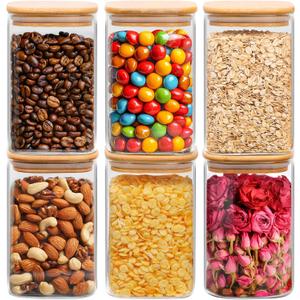 ComSaf 37 oz Glass Storage Containers with Lids, Glass Jars with Lids, Clear Food Jar, Square Canister Set of 6, Pantry Organizers and Storage for Cookie Flour Oat Pasta Tea Coffee Bean