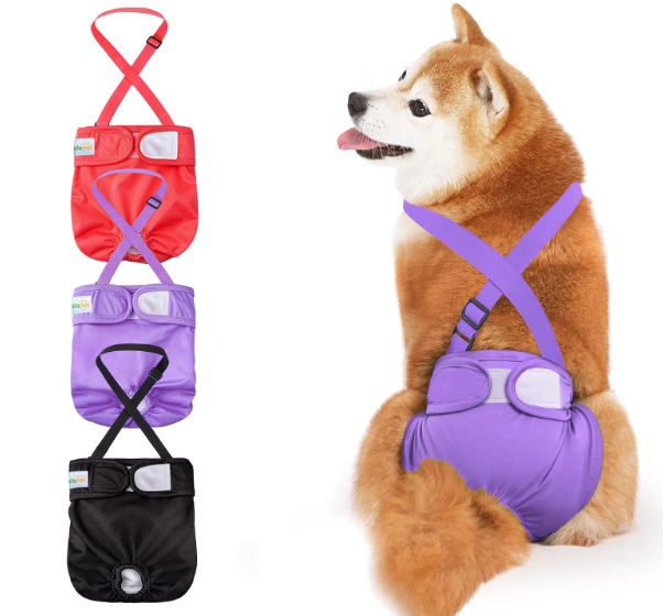 Idepet Female Dog Diapers with Suspender 3 Pack Washable Reusable Doggie Diapers for Small Medium Female Dog in Heat Period Cycle Urinary Incontinence Training, Black+Red+Purple S