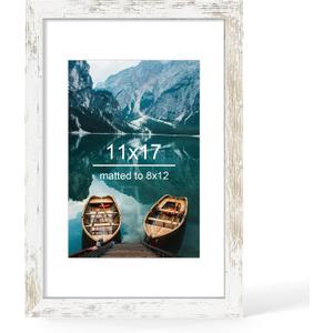 11x17 Picture Frame, Distressed White Wood Style, Wall Mounting