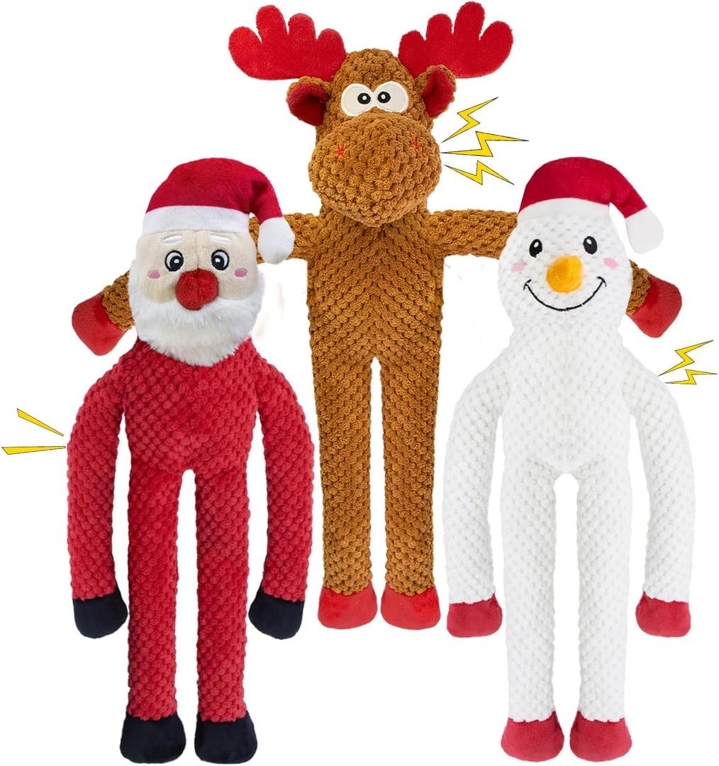 CneeeeeB Christmas Dog Toys Squeaky 3-Pack Interactive Puppy Teething Chew Toy Deer Snowman Santa Claus Shape with Crinkle Sound Paper Tail no Stuffed,Keep Them Busy, for Large Medium Small Breeds