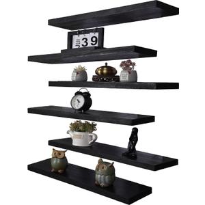 Wood Floating Shelves for Wall, Wooden Wall Shelves for Bedroom, Wall Mounted Shelves for Living Room, Set of 6 Black 24Inch