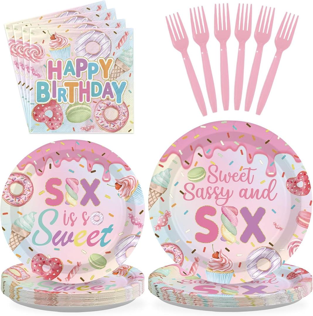 96 Pcs Sweet Sassy and 6 Birthday Decorations Donut 6th Birthday Party Decorations for Girls Colorful Donut Plates and Napkins 6 Years Old Disposable Party Supplies Serves 24
