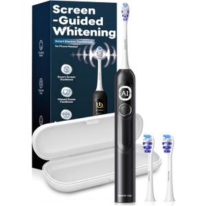 SAKYPRORAL AI Sonic Electric Toothbrush for Adults with Brushing Score & Smart Timer Display, 6-Zone Tracking, Rechargeable Whitening Brush with Soft Heads (Midnight Black)