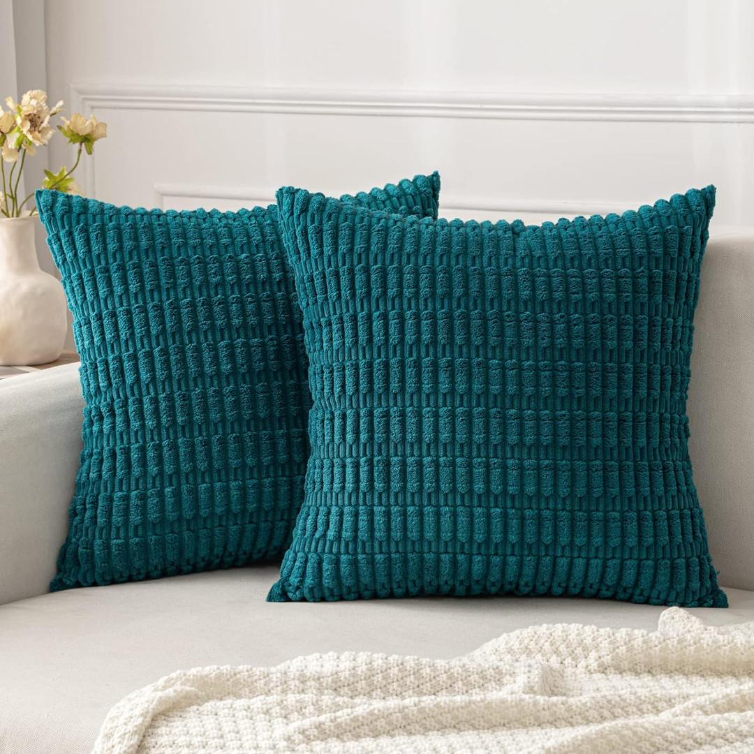 MIULEE Pack of 2 Corduroy Decorative Throw Pillow Covers 18x18 Inch Soft Boho Striped Pillow Covers Modern Farmhouse Home Decor for Sofa Living Room Couch Bed Teal