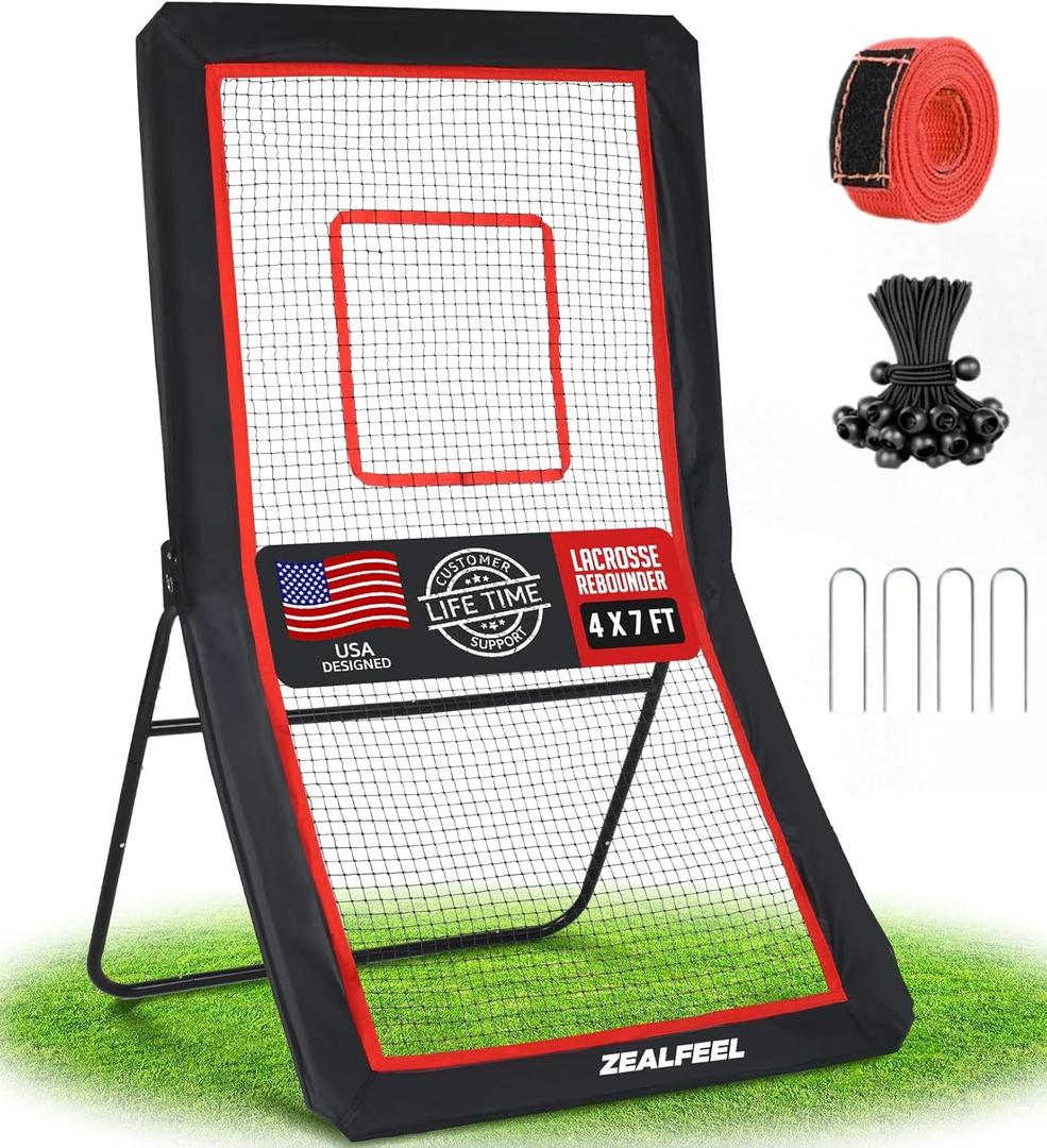 Lacrosse Rebounder, 4x7ft Lacrosse Rebound for Backyard with 5 Adjustable Angles, Target Strip, Volleyball Rebounder Net, Perfect for Lacrosse Volleyball Baseball Softball and Soccer Training