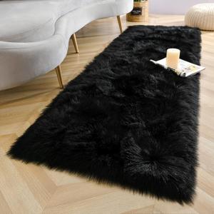 LOCHAS Soft Fluffy Faux Fur Rugs for Bedroom Bedside Rug 2x5 Feet, Washable, Furry Sheepskin Area Rug for Living Room Girls Room, Luxury Shag Carpet Home Decor, White (Black)