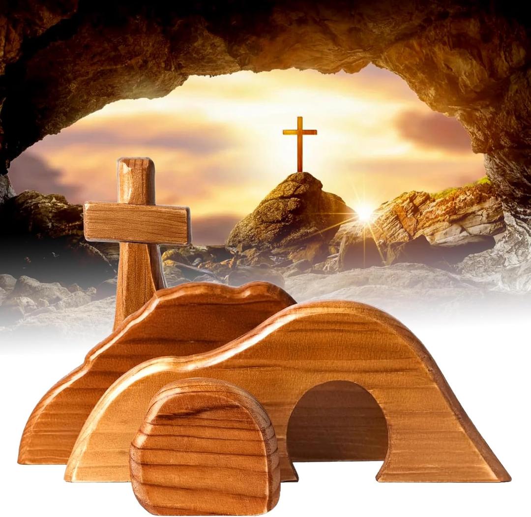Easter Resurrection Scene Set, Easter Wooden Decorations Religious, Jesus Nativity Christ Statue Decoration, Empty Tomb Tabletop Ornaments Cross Figurines Decor Gift for The Home, Tabletop, Office1