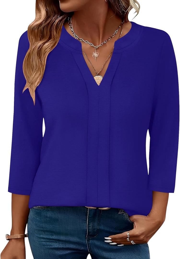Micoson 3/4 Length Sleeve Womens Tops Dressy Casual V Neck Pleated Work Blouses Loose Fit Summer Business Shirts (Small, Deep Blue)