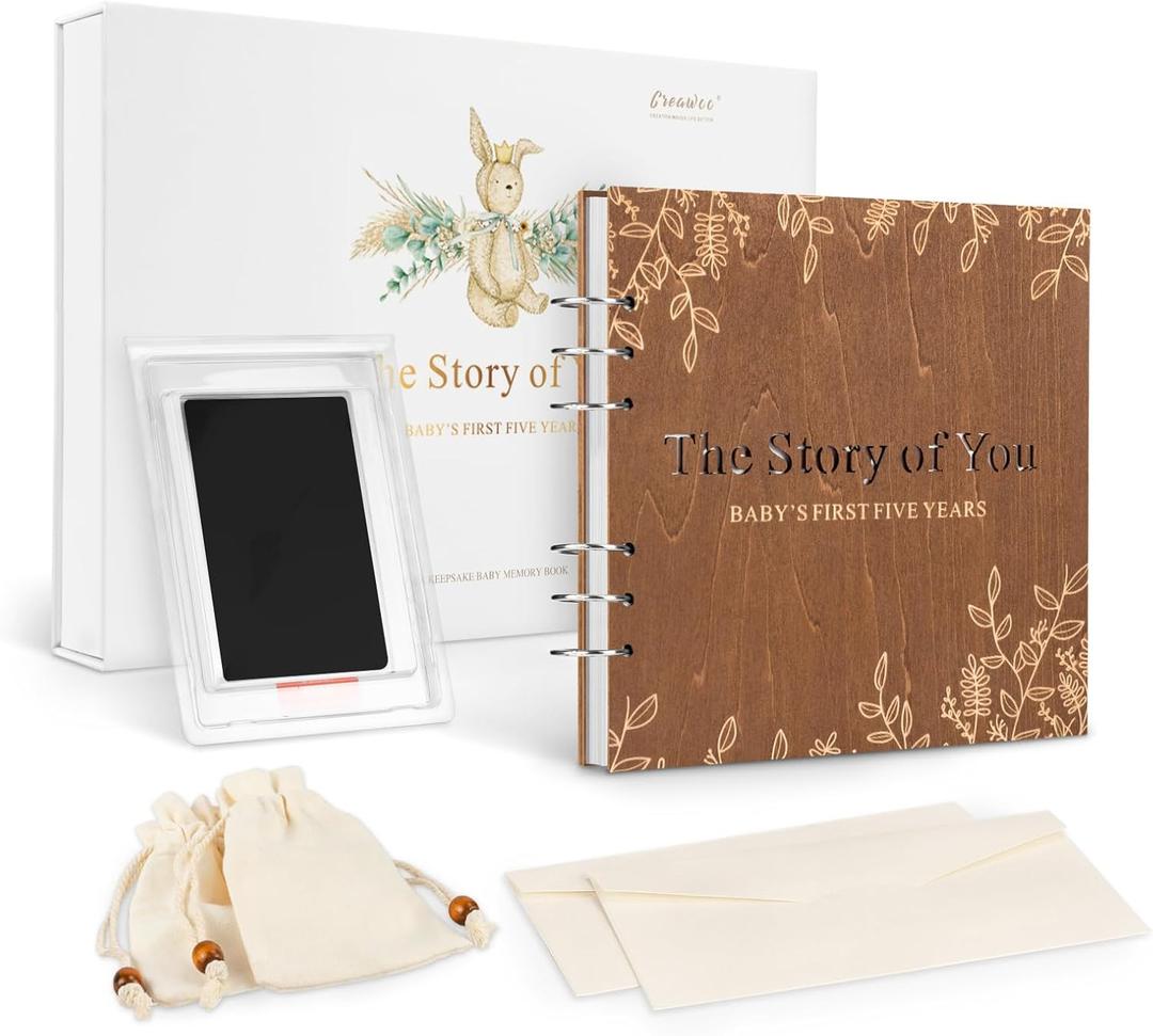 Wooden Keepsake Baby Memory Book Box Boys & Girls, First 5 Years Baby Milestone Book Gender Neutral Journal Memory Scrapbook, Baby Shower Keepsake Gift Set (Included Ink Pad/Keepsake Bags/Envelopes)
