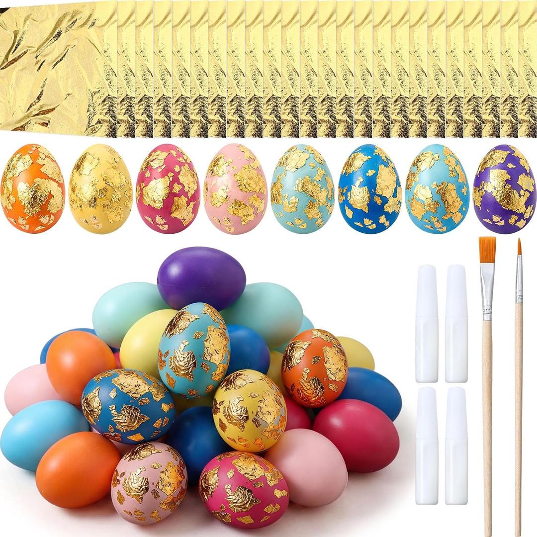 Civaner Easter Egg Decorating DIY Kit with Gold Leaf Foil - 24 Plastic Eggs, 24 Foil Sheets, Glue and Brush for Crafts, Gold Leaf Easter Decorations for Hunt Holiday Fun(Colorful)