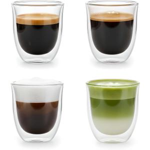 5oz Double Walled Espresso Cups, Set of 4 - Insulated Glass Coffee Mugs for Lungo, Double Espresso & Cappuccino - Clear Borosilicate Glassware Compatible with Nespresso & De'Longhi Machine