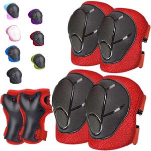 Kids/Youth Knee Pads Elbow Pads for 3-14Years Boys Girls 6 in 1 Kids Protective Gear Set Adjustable for Skating Cycling Bike Rollerblading Scooter Roller Skates (M(7-14Years), red)