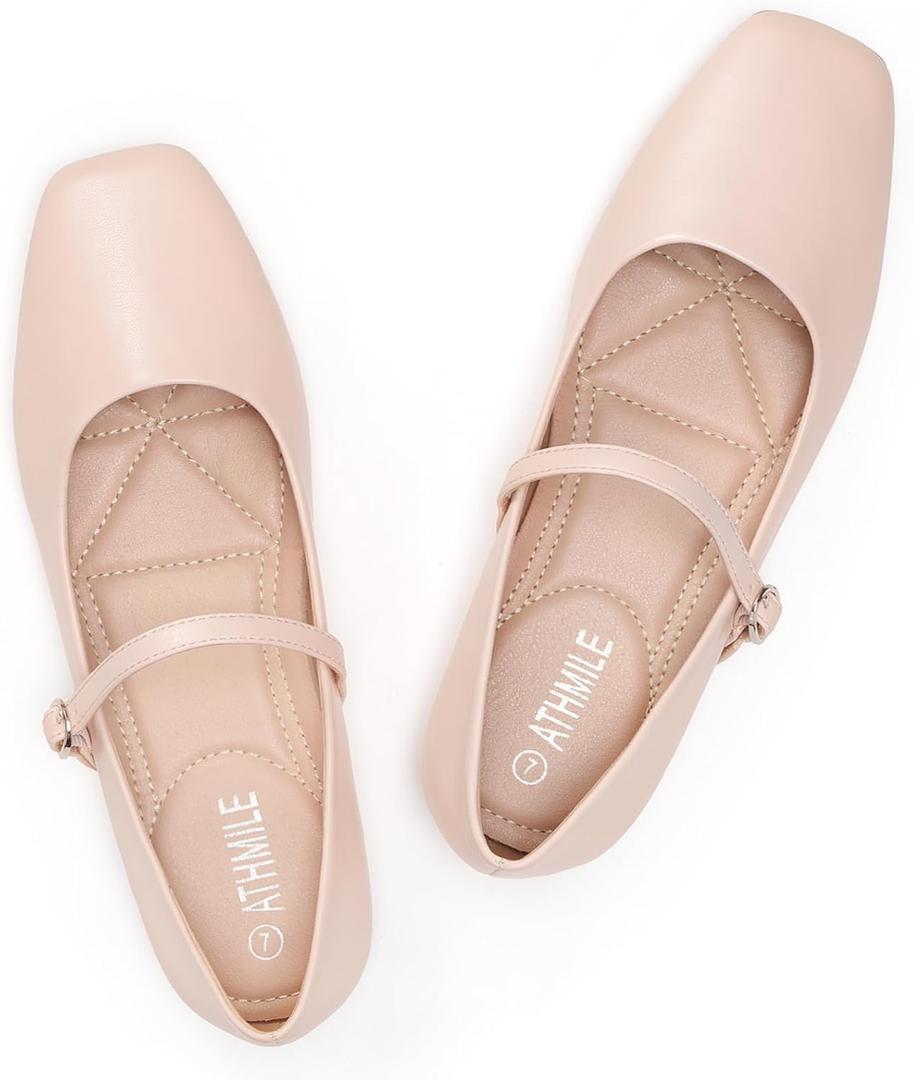 ATHMILE Mary Jane Shoes Women Ballet Flats Shoes for Women Slip on Comfortable Dressy Adjustable Strap for Work Office Business Casual (8, Beige)