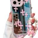 for iPhone 14 Pro Max Case, [Pink Cross Pattern][Shiny Mirror Case][2-in-1 Wristband with Beads] Soft TPU Frame, Shockproof & Anti-Drop, Suitable for Women & Girls