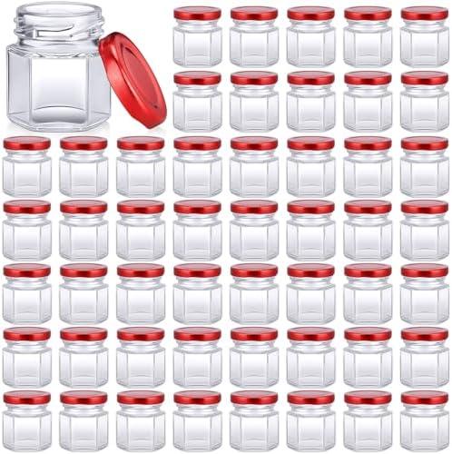 Nuogo 100 Pack 1.5oz Mini Hexagon Glass Jars Bulk for Wedding Small Honey Jars with Lids for Spice Canning Mason Gifts Candy Honey Wedding Party Favors DIY Crafts (Red)
